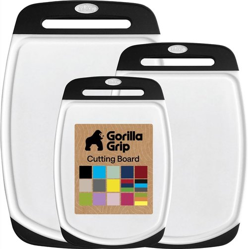 Gorilla Grip BPA-Free Reversible Cutting Board Set - 3 Durable, Nonporous Boards with Juice Grooves | Black