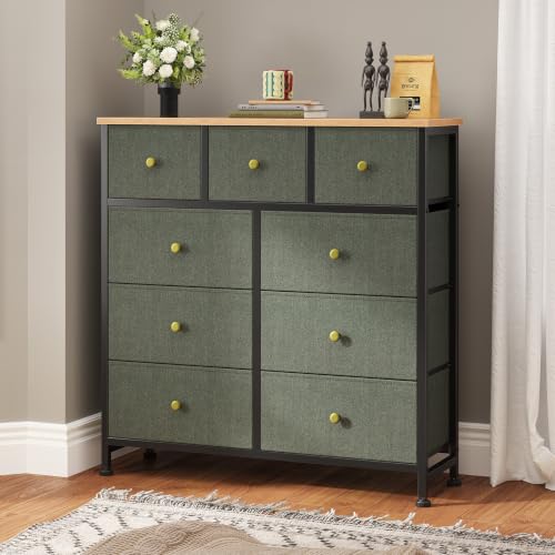 Sage Green Fabric Dresser with 9 Drawers - Bedroom Storage Tower, 11.8"D x 39.4"W x 40.2"H