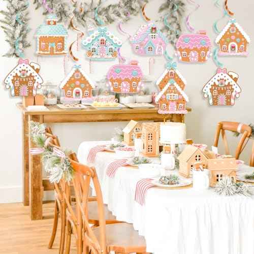 K KUMEED 20 Pcs Gingerbread House Theme Party Hanging Swirls Ceiling Hanging Streamers,Cute Gingerbread House Party Decorations Banner for Christmas Birthday Baby Shower