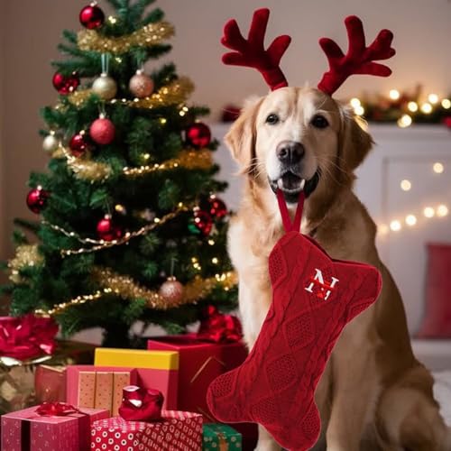 Dog Christmas Stocking with Initials, Large Knit Bone Shape Monogrammed Pet Christmas Stockings for Dogs Cats, Family Holiday Christmas Decorations with Christmas Stocking Holder (Red R)