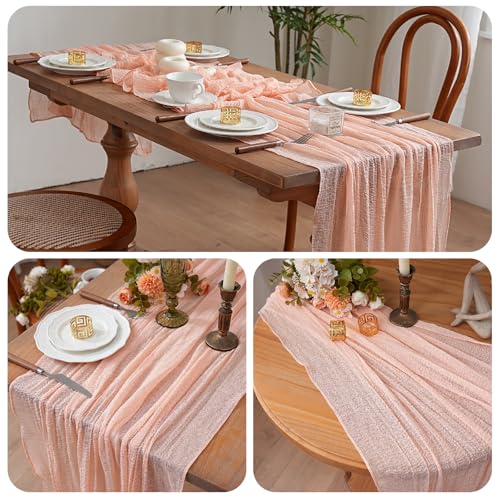 RRBXIA 2Pcs Pink Cheesecloth Table Runner 10FT Boho Rustic Linen for Weddings & Parties