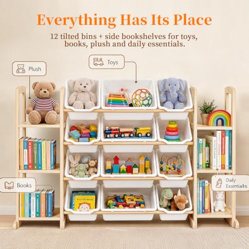 Etitlly Toy Storage Organizer with Bookshelf - W52.3'' 12 Bins & 6 Shelves, White Kids Toy & Book Organizer