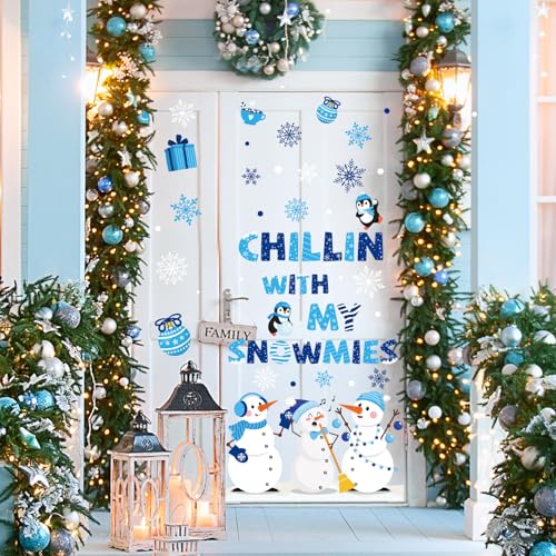 Winter Snowmen Door Sticker Set - 2 PVC Wall Decals 35.4 x 11.8 in, Blue Chillin With My Snowmies