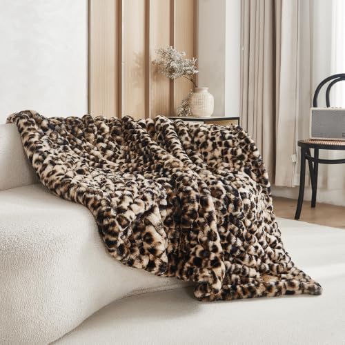Leopard Print Faux Rabbit Fur Throw Blanket - Medium 50x60 Inches
