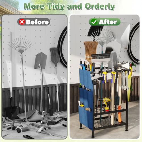 Garden Tool Organizer Rack with Hooks and Storage Bag - Metal Yard Storage for Garage, Shed, Patio