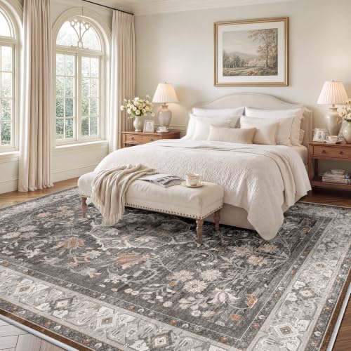 8x10 Vintage Washable Area Rug - Warm Taupe, Non-Slip Living Room Carpet
