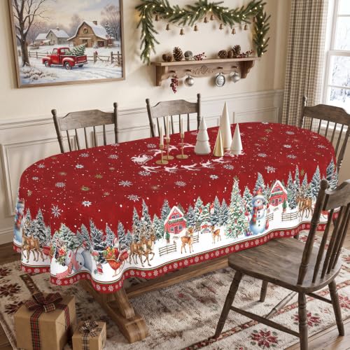 Lookio Chubba Christmas Oval Tablecloth 60 x 120 in Red Waterproof Polyester