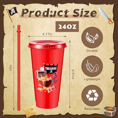 Uiifan 24 Pcs Pirate Plastic Cups with Lids & Straws - 24 oz Reusable Party Tumblers, Pirate Themed Birthday & Holiday Favors, 6 Styles
