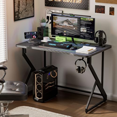 Grandder 40 Inch Black Z-Shaped Gaming Desk with Carbon Fiber Surface & Headphone Hook