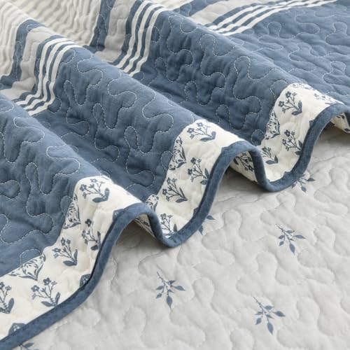 Queen Cotton Quilt Set with Botanical Stripe Design - Moonlight Blue & Gray