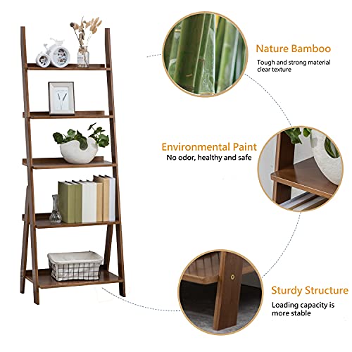 Natural 5-Tier Bamboo Ladder Shelf Bookcase - Freestanding Storage Organizer
