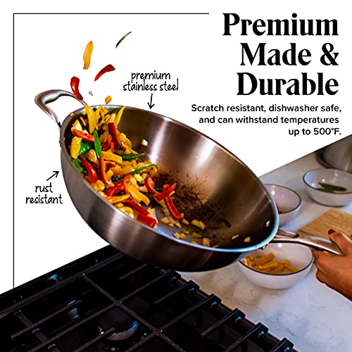 13-Inch Stainless Steel Wok Pan with Lid & Spatula - Professional Stir Fry Cookware