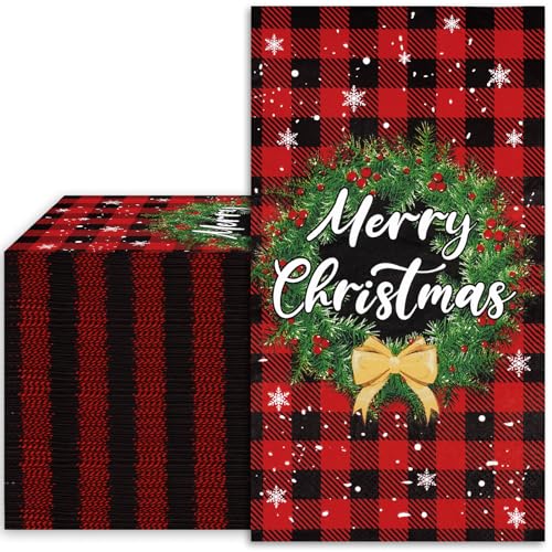 Whaline Buffalo Plaid Christmas Guest Napkins 3-Ply 80Pcs - Red Black Xmas Hand Towels