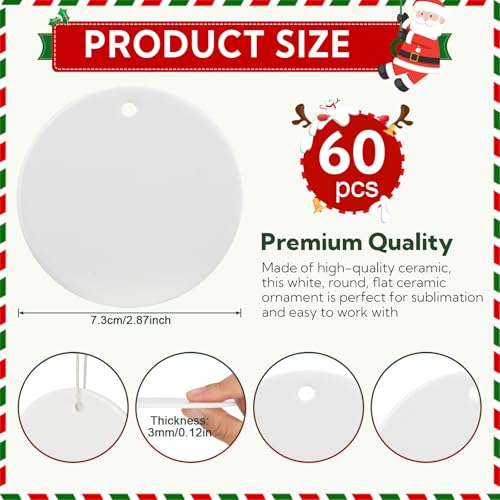 White 60 pcs Sublimation Ceramic Ornaments 3 Inch Round Holiday Decor