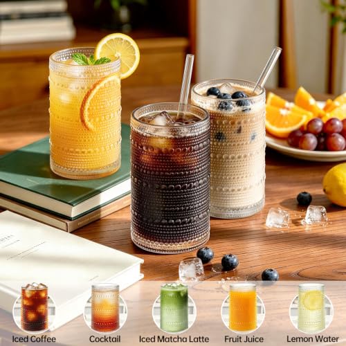 16oz Vintage Hobnail Drinking Glasses Set of 12 with Reusable Glass Straws