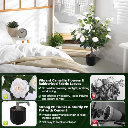 Artificial Camellia Trees in Pot - White, Medium - Indoor & Outdoor Decor, 2 Pack