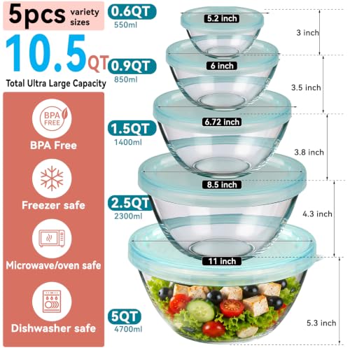 YUANYE 5-Pack Glass Mixing Bowls with Lids Set, Thick Borosilicate, Nested Kitchen Bowls for Cooking & Baking