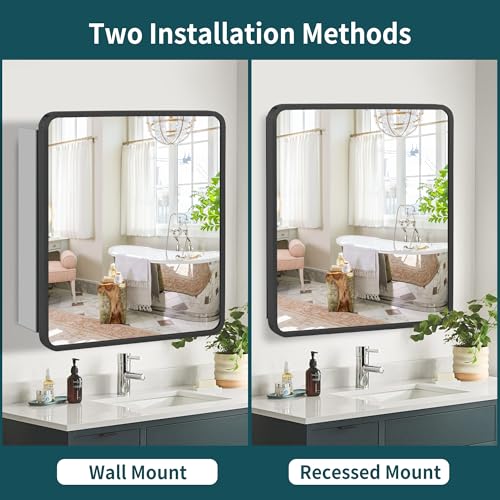 Black Bathroom Medicine Cabinet with Mirror, Adjustable Glass Shelves, Waterproof & Rust-Resist, Recessed or Surface Mount, 24x22 Inches