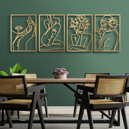 Bakovity Gold Metal Abstract Wall Art Set 22.5 x 15.7 in - Floral Minimalist Line Decor for Bedroom & Living Room