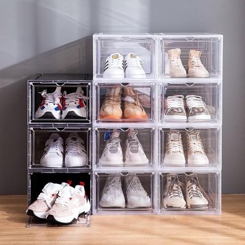 Attelite Clear Black Stackable Shoe Storage Boxes 9-Pack XL with Magnetic Doors