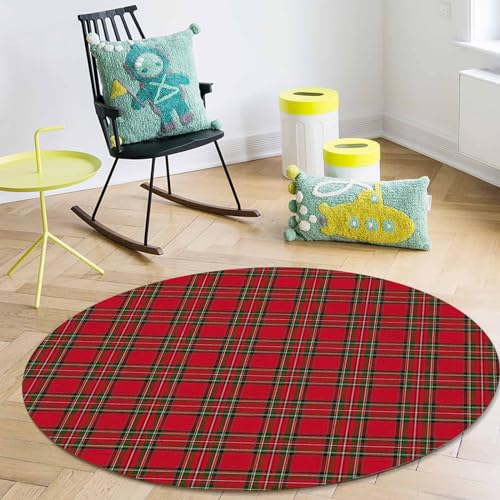 LooPoP 6ft Christmas Round Area Rug Red Green Plaid Non-Slip Indoor Outdoor Decor