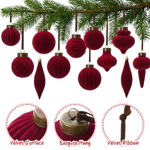Menkxi 36 Pcs Burgundy Velvet Christmas Ball Ornaments Flocked Finial