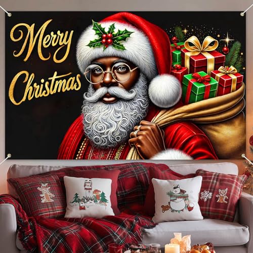 Merry Christmas Banner, African American Santa, 71x43 in - BlissYard, Indoor/Outdoor Holiday Decoration (Variation: Merry Christmas Banner#1)