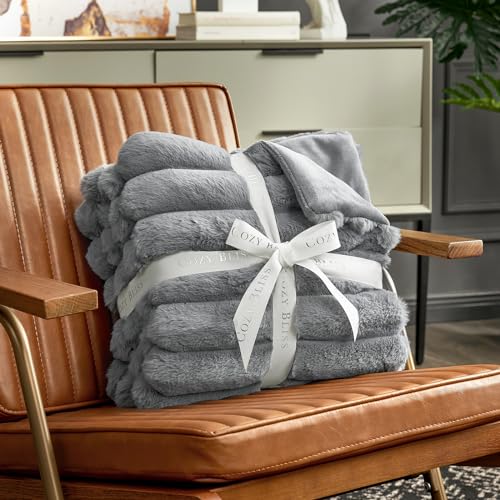 Gray Faux Fur Throw Blanket for Couch & Bed - Cozy Bliss 50x60 Inches