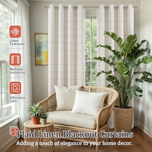 Natural 52x84 Inch Boho Plaid Linen Blackout Curtains - Pack of 2