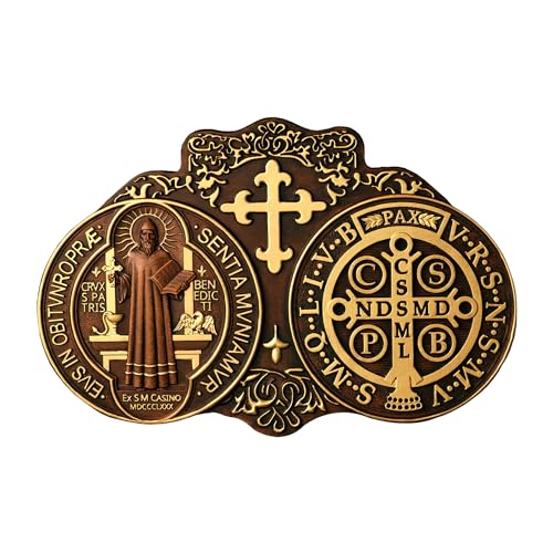 16 Inch Wooden Saint Benedict Wall Decor Medal Pendant Handmade Gold Finish