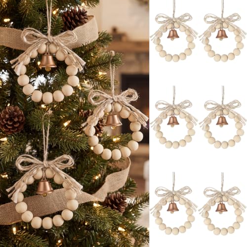 Hollowfly 6-Pack Boho Wood Bead Christmas Wreath Ornaments with Bell