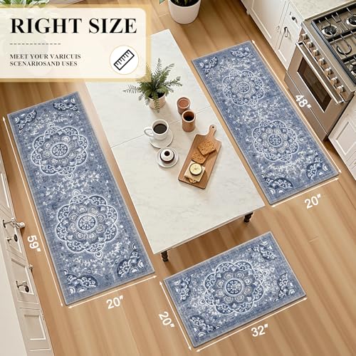 Ileading 3-Piece Kitchen Rug Set with Runner - Blue Floral, Non-Slip Washable Mats, 20x32/48/59 Inches