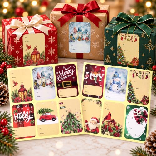 DreamBuilt 120 PCS Christmas Gift Tag Stickers with 12 Festive Designs - Holiday Labels for Wrapping & Crafts