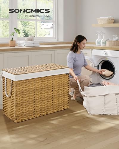 SONGMICS Natural 200L 4-Section Laundry Hamper with Lid & Mesh Bags