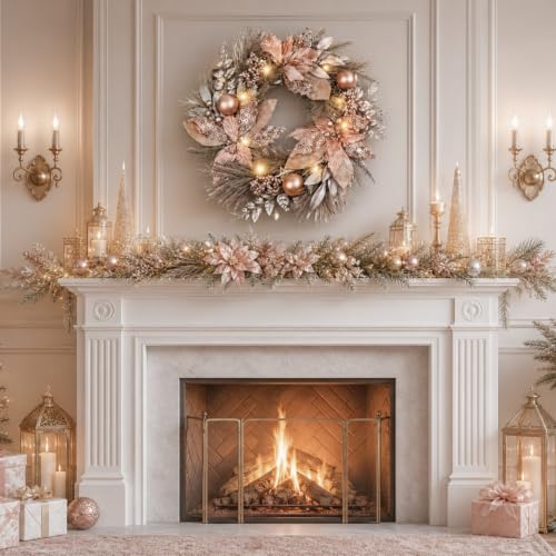 22-Inch Champagne Gold Christmas Wreath with Ornaments for Front Door