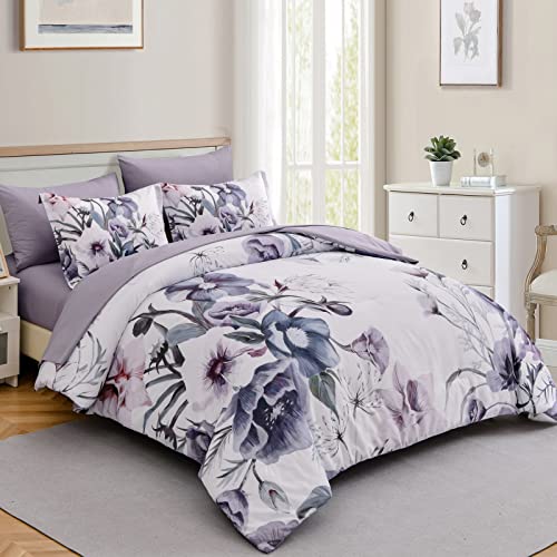 Luxudecor Queen Size Purple Floral Comforter Set 7 Piece Bed in a Bag