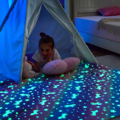 Wajade Unicorn Gifts for Girls - Glow in The Dark Unicorn Blanket Birthday Christmas Decor for Kids Age 3 4 5 6 7 8 9 10 11 12 Years Old Teens Child Toddler Throw Rainbow 50"x60"