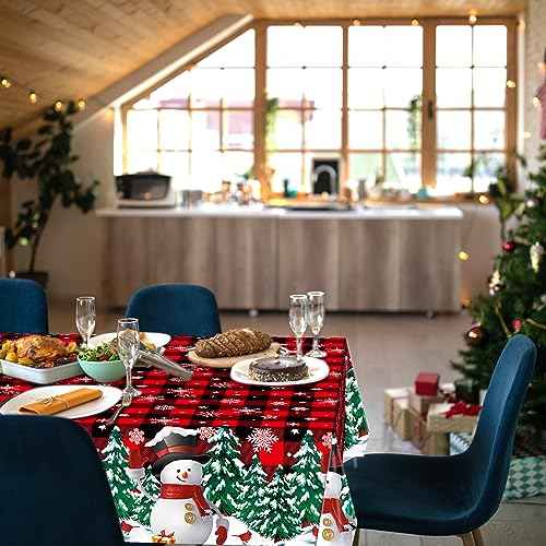 2 PCS Christmas Plastic Tablecloths Snowman Disposable Table Covers Black Red Buffalo Plaid Snowflake Tablecloth Christmas Rectangle Table Cover for Xmas Party Decor Winter Holiday, 54" x 108"