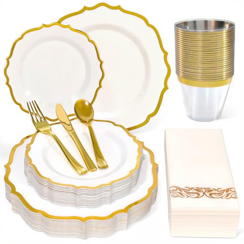 Gold Disposable Plastic Dinnerware Set for 25 Guests - 175 Pieces