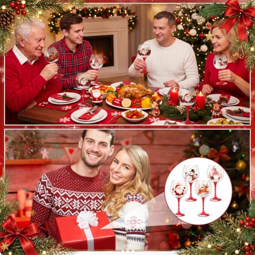 LemonRoad 4Pcs Hand Painted Christmas Wine Glasses Set - 16 oz, Santa, Reindeer, Snowman & Gnome (Variation: Cute)