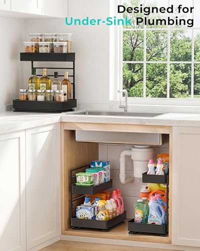 EVERIE 2 Sets Height Adjustable Metal Pull-Out Under Sink Cabinet Organizer, Black