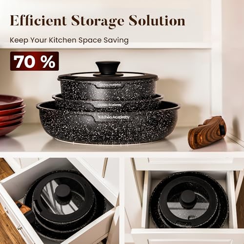 Kitchen Academy Black Removable Handle Induction Cookware Set - 10 Piece Non-Stick Pots & Pans for RV & Camping