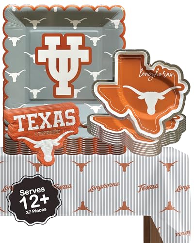 PartyKandy Texas Longhorns 37 Pc Party Supplies with Plates, Napkins & Tablecloth - University of Texas Theme