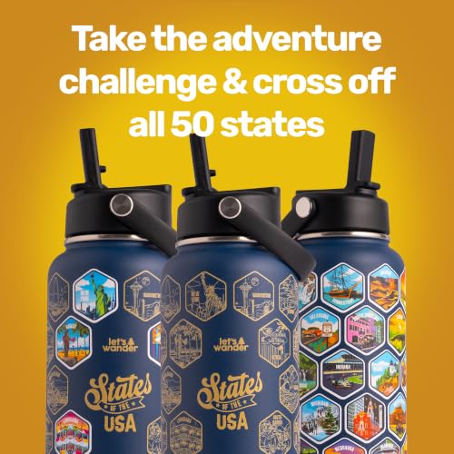 50 States Water Bottle with Sticker Design - 32oz Insulated Stainless Steel with Straw