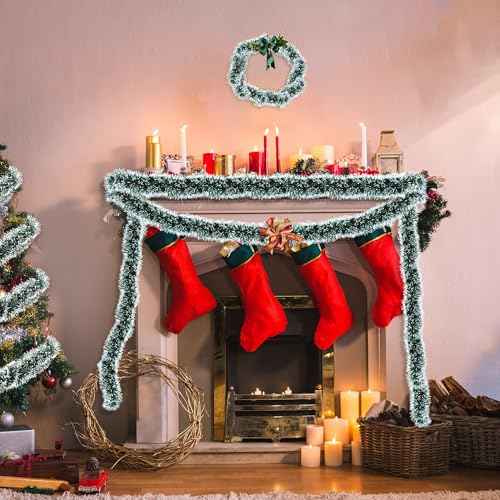 50FT Christmas Tinsel Garland Metallic Twist Shiny Christmas Tree Decorations, Xmas Holiday Hanging Garland for Home Mantle Stair Indoor Outdoor Party Supplies Decor- Green White