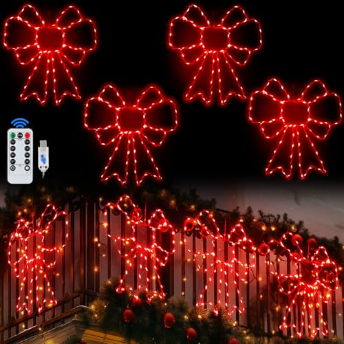 Riakrum 4 Pack Christmas Window Silhouette Lights with Bows - 80 Red LEDs, USB Powered, 8 Modes, Timer, Indoor Outdoor Holiday Decor