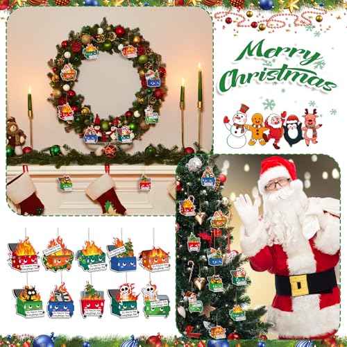 Syhood 10 Pcs Christmas Dumpster Fire Ornament Everything is Fine Christmas Tree Hanging Decoration Emotional Support Dumpster Fire Decor Employee Appreciation Gift for Xmas Team Coworker, 10 Styles
