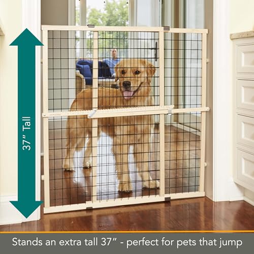 Expandable Wire Mesh Dog Gate - 29.5-48 Inch Wide, 37 Inch Tall, Pressure Mount, Hardwood Frame