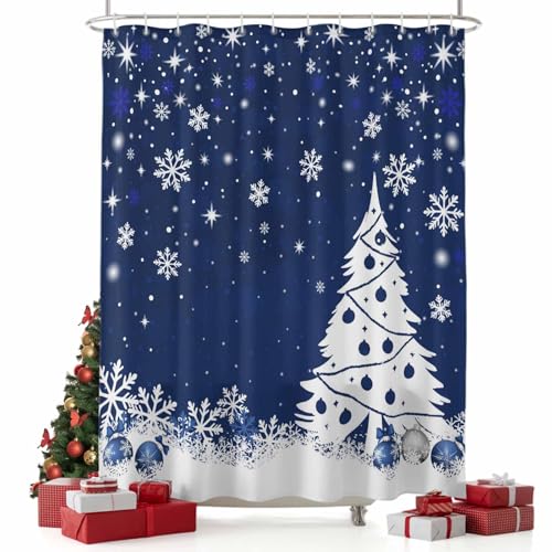 Ueplerts Navy Blue Christmas Shower Curtain Set with Hooks - 72x72 Inch Waterproof Holiday Bathroom Decor