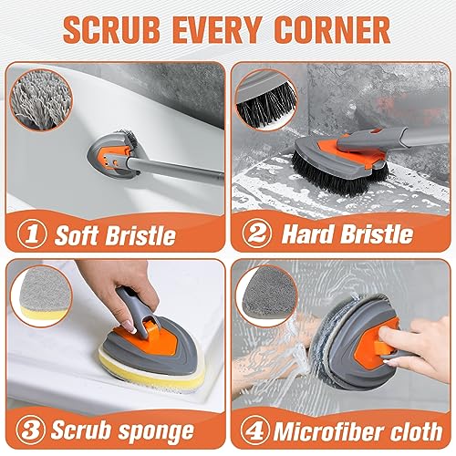 Eazer 4-in-1 Telescopic Bathroom Scrubber with Replaceable Heads — Long Handle Shower & Tub Cleaner